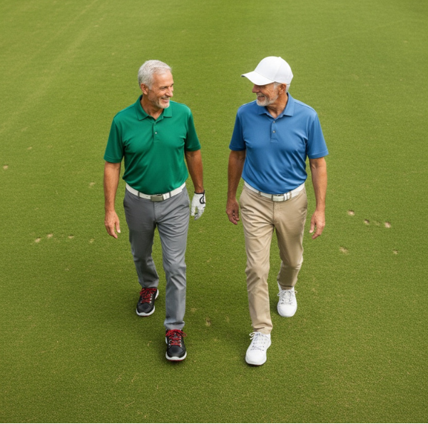Two men walking on a golf course