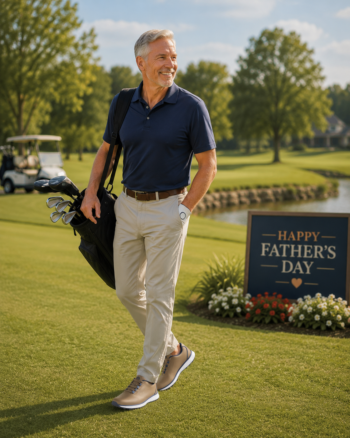 Man walking on a golf course with a 'Happy Father's Day' sign in the background